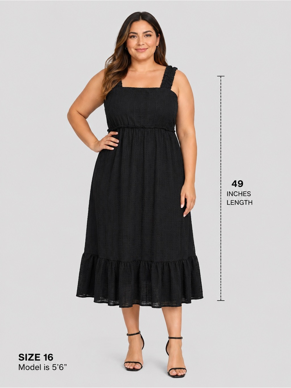 52Seven Women's Black Textured Ruffle Hem Midi Dress Size 16